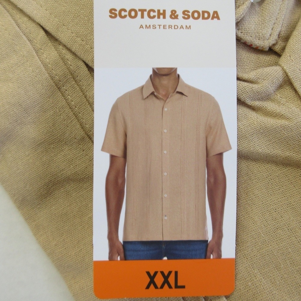 SCOTCH & SODA Linen Blend Bowling Shirt Sz XXL Tan Beige Top 2XL Relaxed Fit NWT